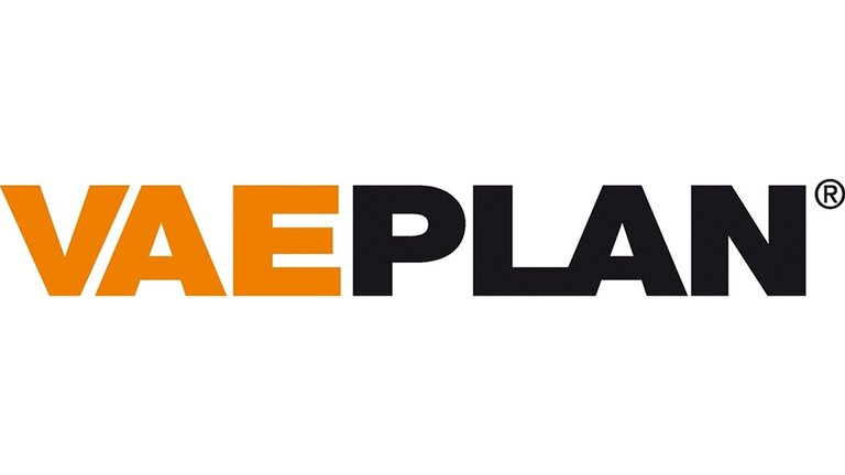 Das VAEPLAN-Logo, alles groß geschrieben, VAE in orange und Plan in schwarz.